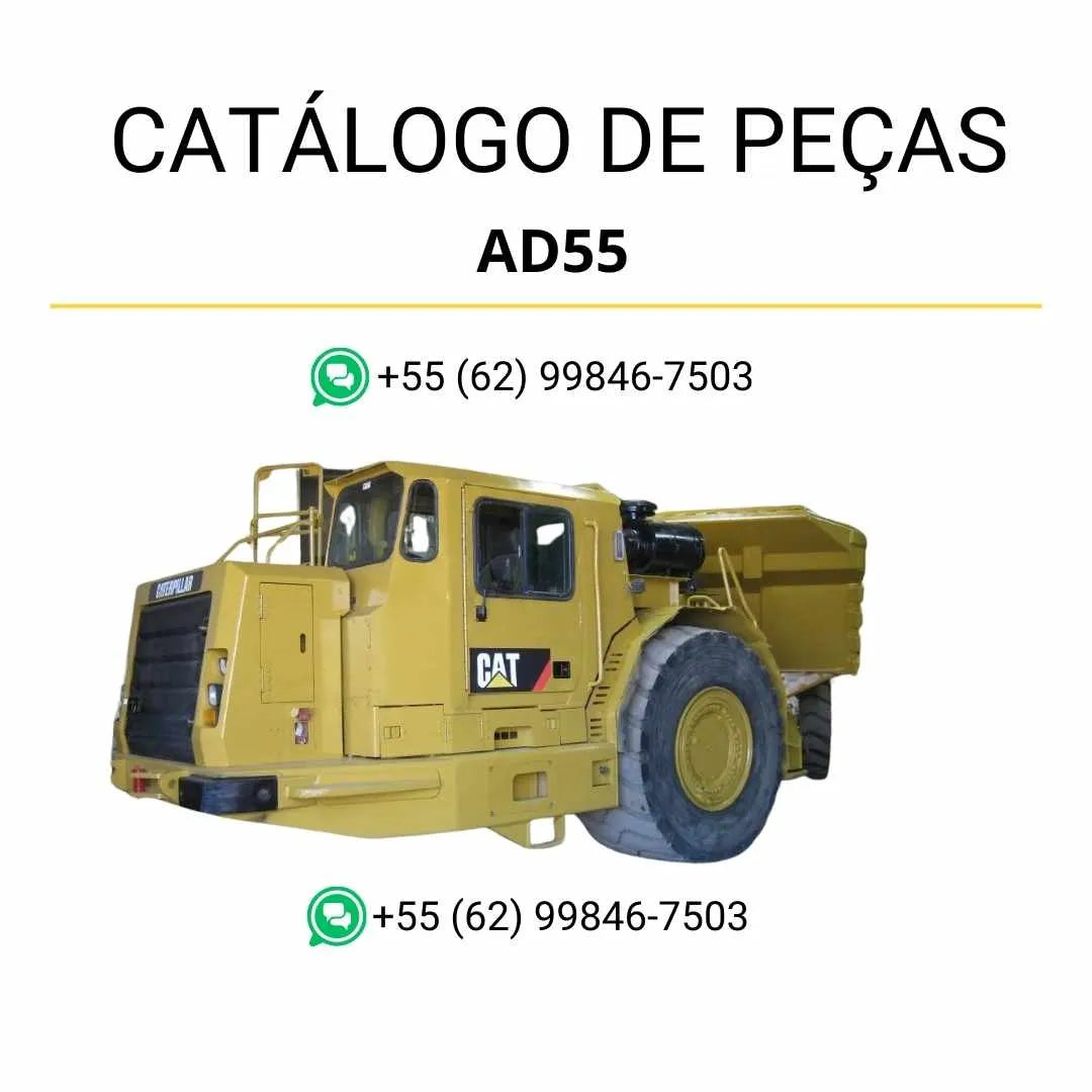 Catálogo de peças Caterpillar AD55 em PDF com diagramas técnicos detalhados e lista completa de componentes do caminhão subterrâneo articulado.