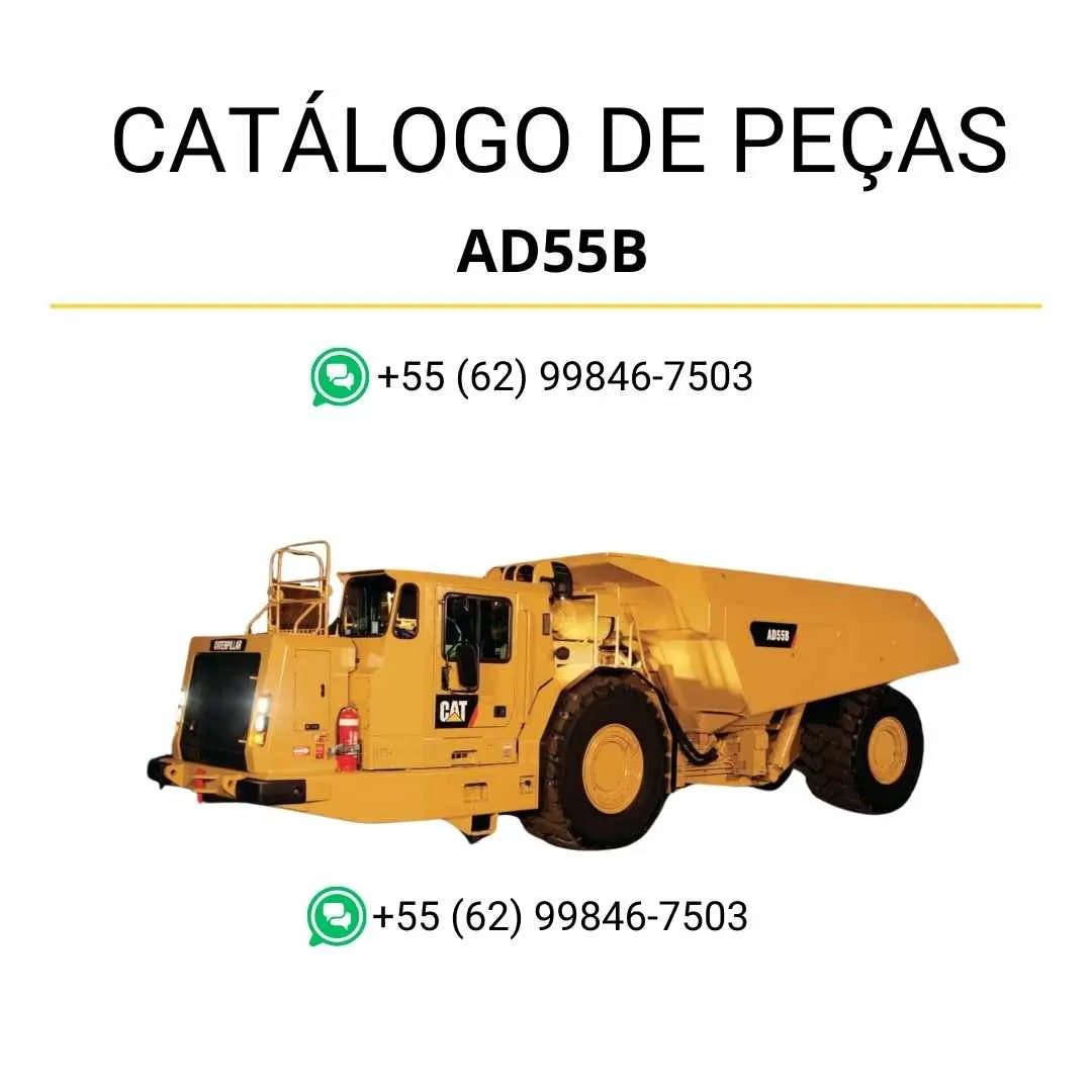 Catálogo de peças Caterpillar AD55B em PDF com ilustrações técnicas e lista detalhada de componentes originais do caminhão subterrâneo articulado.