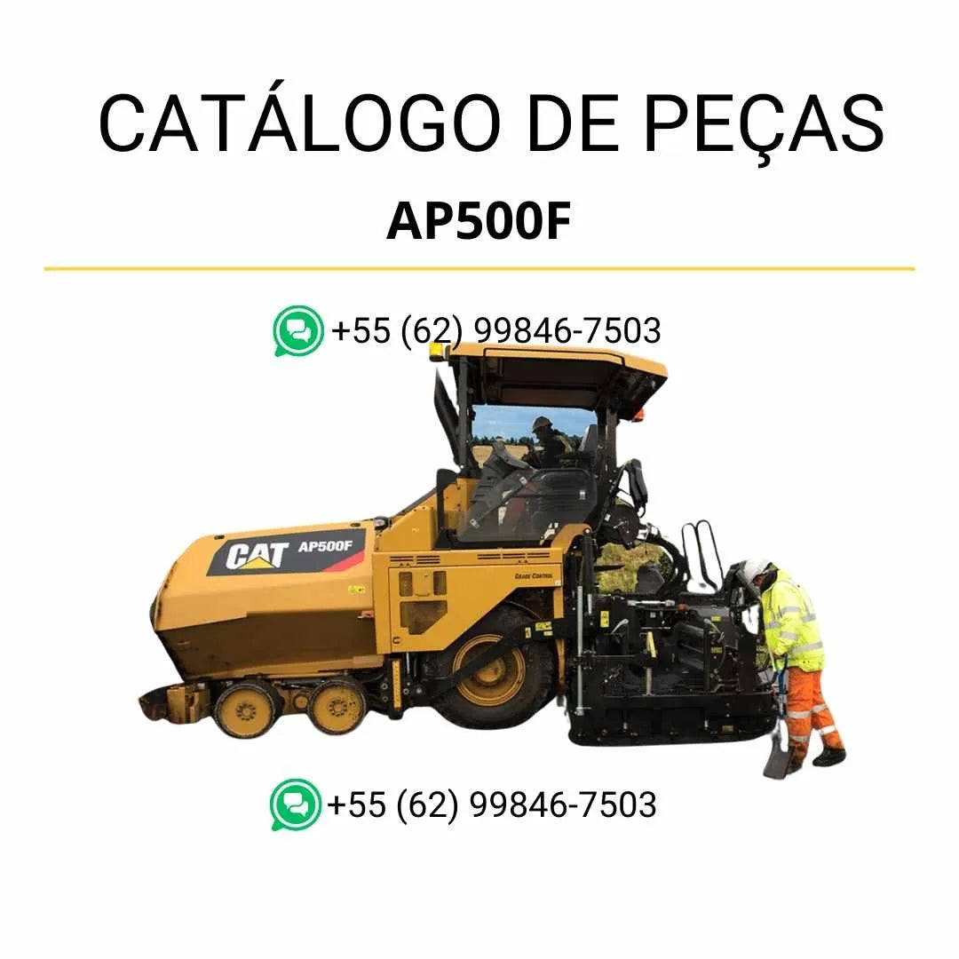 Catálogo de peças Caterpillar AP500F em PDF com vistas explodidas detalhadas, códigos originais e ilustrações técnicas da pavimentadora de asfalto.
