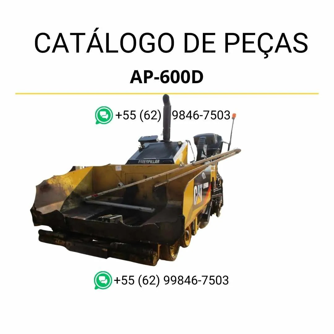 Catálogo de peças Caterpillar AP-600D em PDF com ilustrações técnicas e identificação detalhada dos componentes da pavimentadora de asfalto.