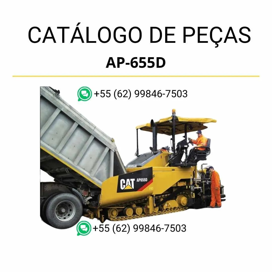 Catálogo de peças Caterpillar AP-655D em PDF com ilustrações técnicas detalhadas e lista completa dos componentes da pavimentadora de asfalto.