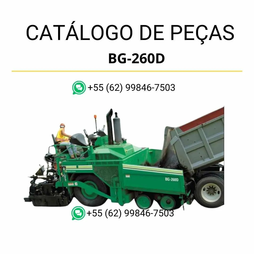 Catálogo de peças Caterpillar BG-260D em PDF com diagramas técnicos detalhados da pavimentadora de asfalto e lista completa de componentes originais.