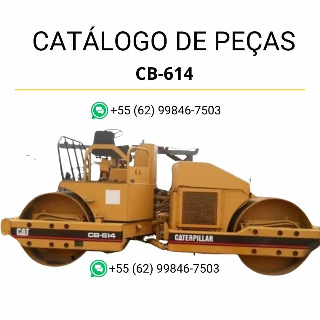 Catálogo de peças Caterpillar CB-614 em PDF com ilustrações técnicas detalhadas e lista completa de componentes originais do rolo compactador vibratório.