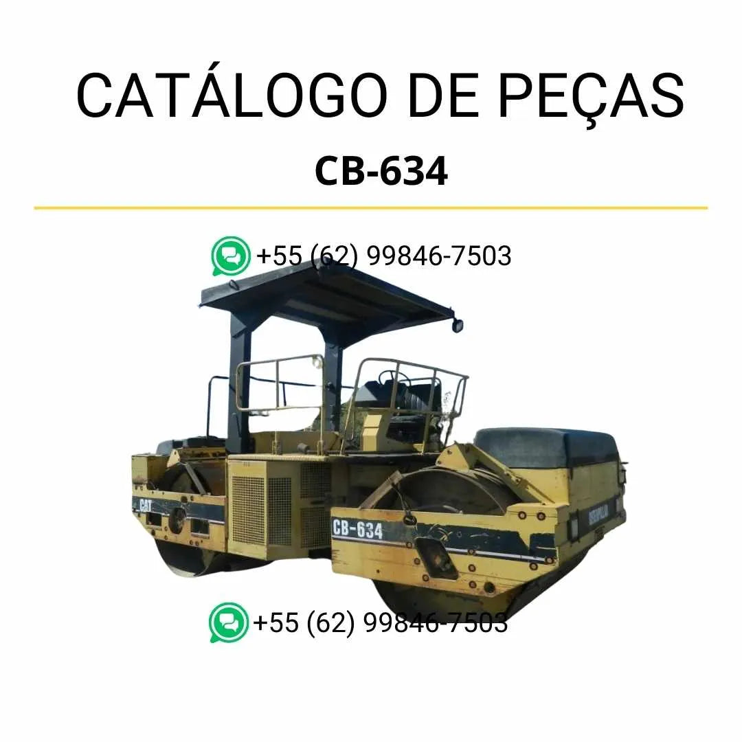 Catálogo de peças Caterpillar CB-634 em PDF com diagramas técnicos detalhados e lista completa de componentes originais do rolo compactador vibratório.