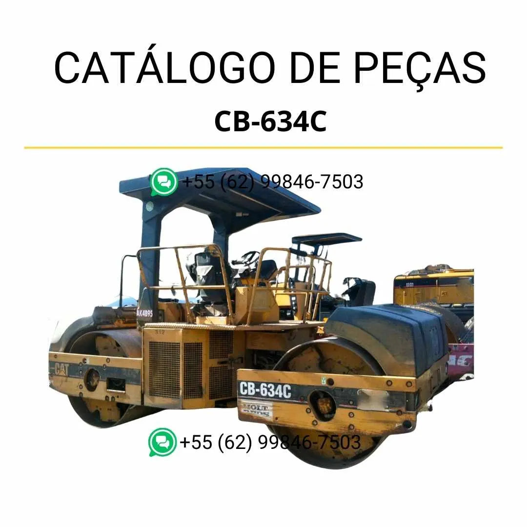 Catálogo de peças Caterpillar CB-634C em PDF com ilustrações técnicas detalhadas e relação completa de componentes originais do rolo compactador vibratório.