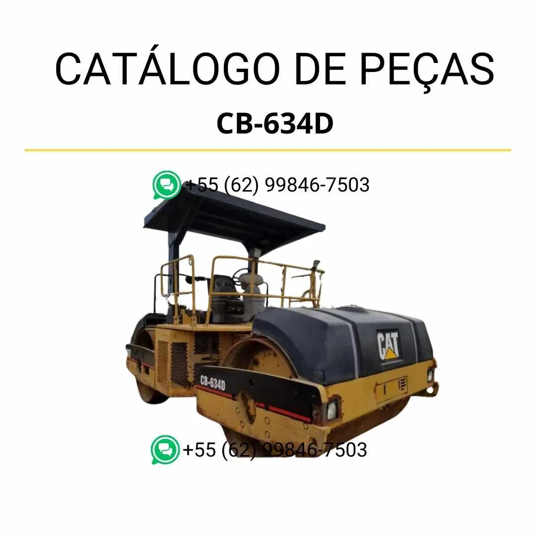 Catálogo de peças Caterpillar CB-634D em PDF com diagramas técnicos detalhados e lista completa de componentes originais do rolo compactador vibratório.