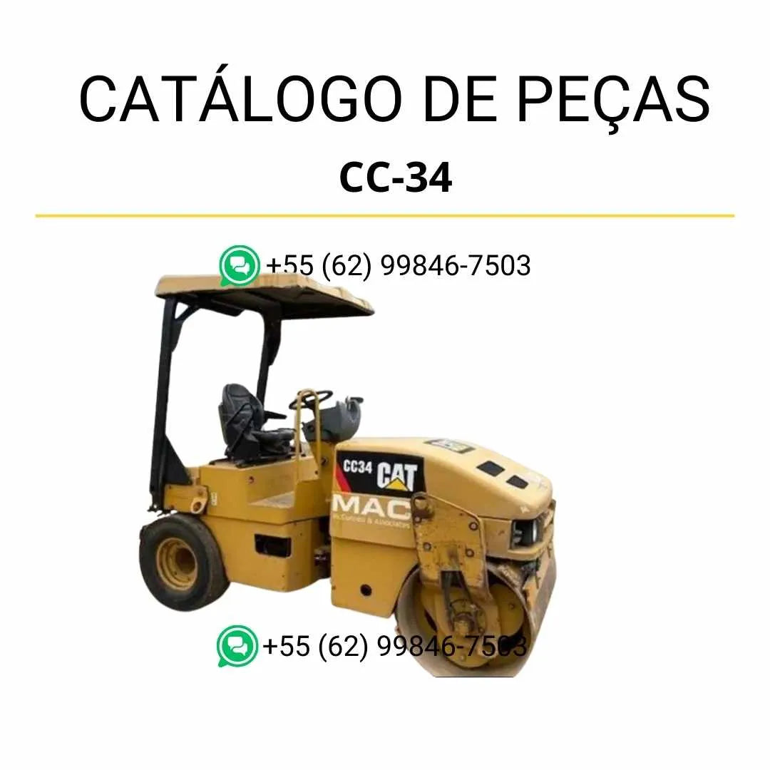 Catálogo de peças Caterpillar CC-34 em PDF com diagramas técnicos detalhados e lista completa de componentes originais do rolo compactador vibratório.