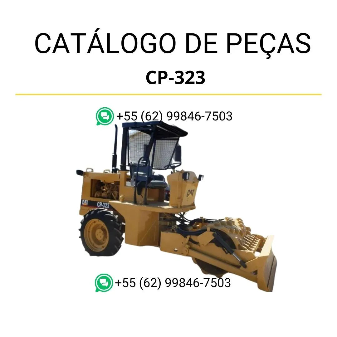 Catálogo de peças Caterpillar CP-323 em PDF com ilustrações técnicas detalhadas e relação completa de componentes originais do rolo compactador vibratório.