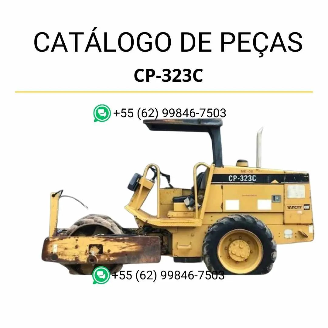 Catálogo de peças Caterpillar CP-323C em PDF com vistas explodidas detalhadas e lista completa de componentes originais do rolo compactador vibratório.