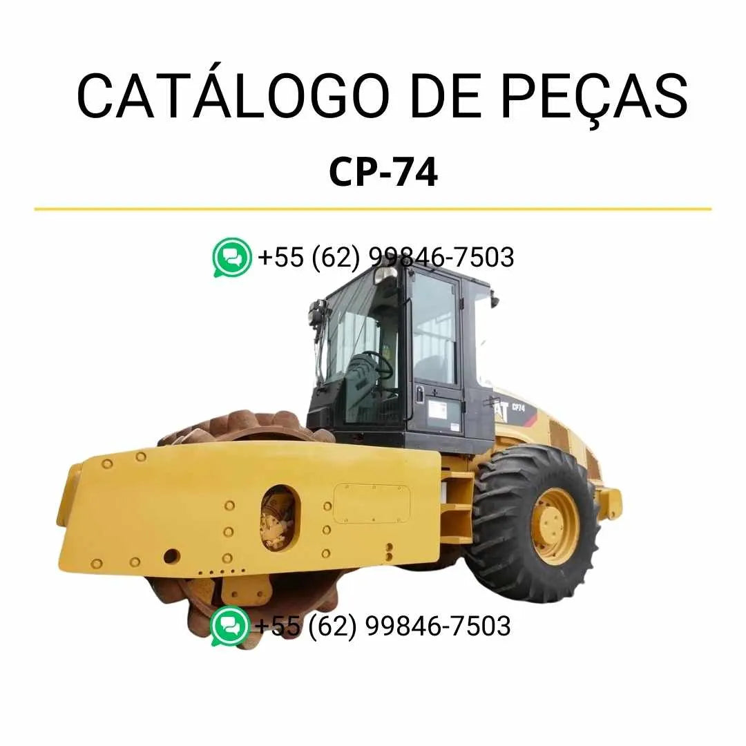 Catálogo de peças Caterpillar CP-74 em PDF com diagramas técnicos completos e identificação detalhada dos componentes originais do rolo compactador vibratório.