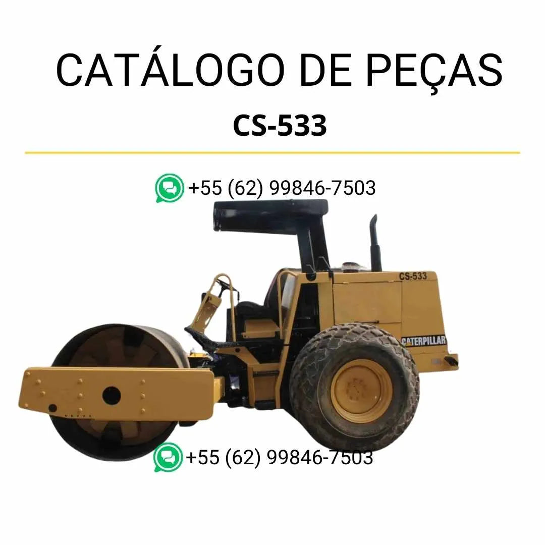 Catálogo de peças Caterpillar CS-533 em PDF com diagramas técnicos detalhados e lista de componentes originais do rolo compactador vibratório.