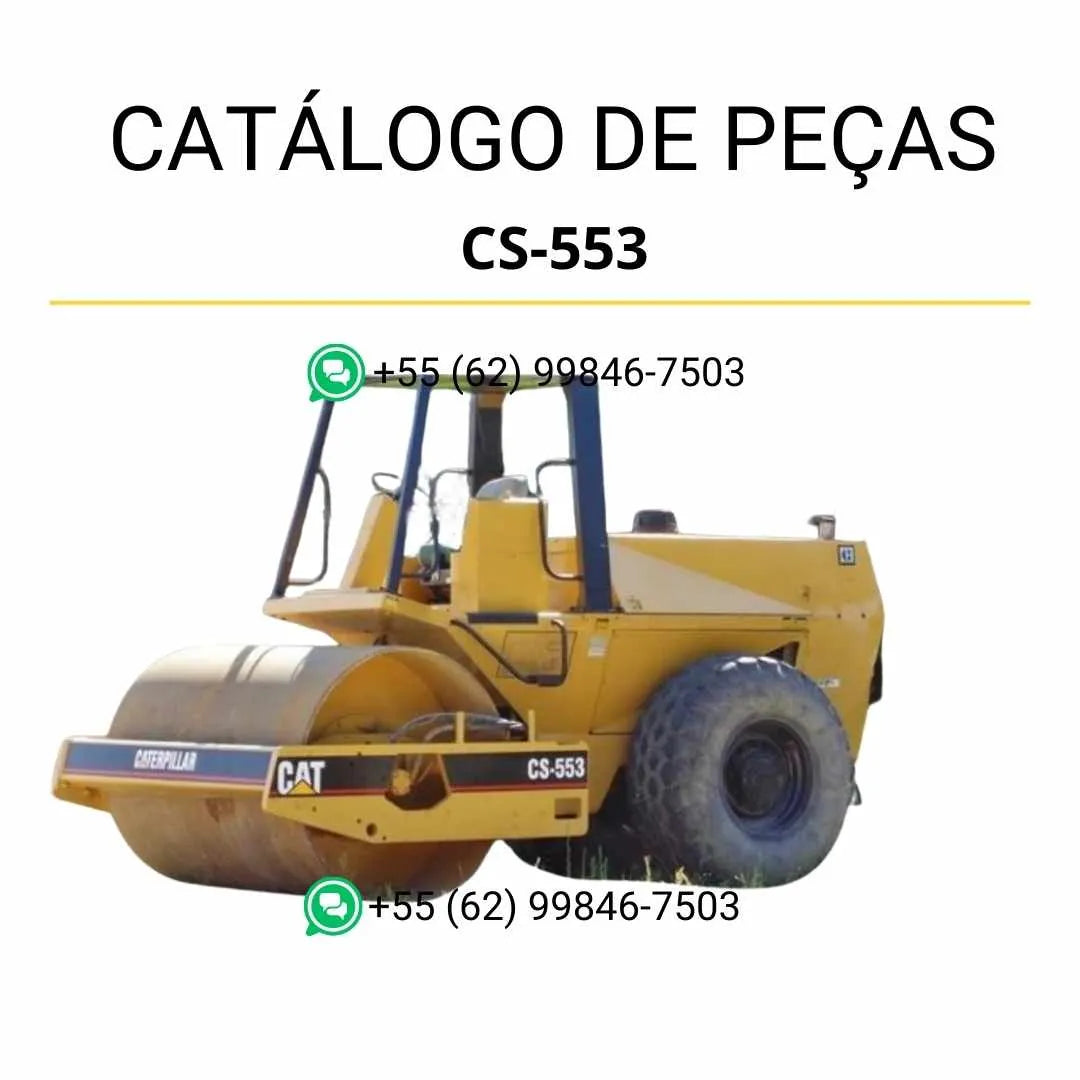 Catálogo de peças Caterpillar CS-553 em PDF com diagramas ilustrados e identificação detalhada dos componentes originais do rolo compactador vibratório.