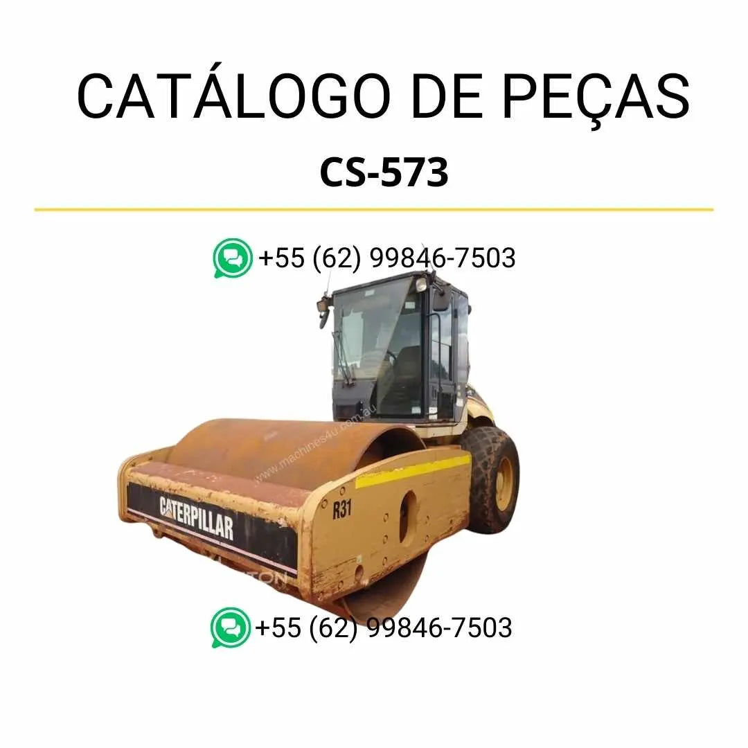 Catálogo de peças Caterpillar CS-573 em PDF com diagramas detalhados e lista completa de componentes originais do rolo compactador vibratório.
