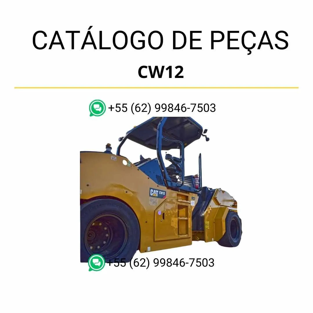 Catálogo de peças Caterpillar CW12 em PDF com diagramas detalhados e lista completa de componentes originais do rolo compactador pneumático.