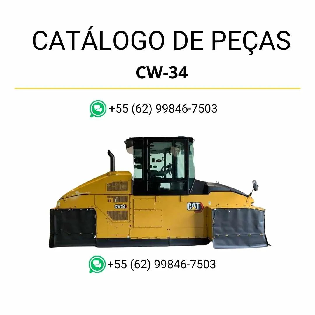 Catálogo de peças Caterpillar CW-34 em PDF com ilustrações detalhadas e lista completa de componentes do rolo compactador pneumático.