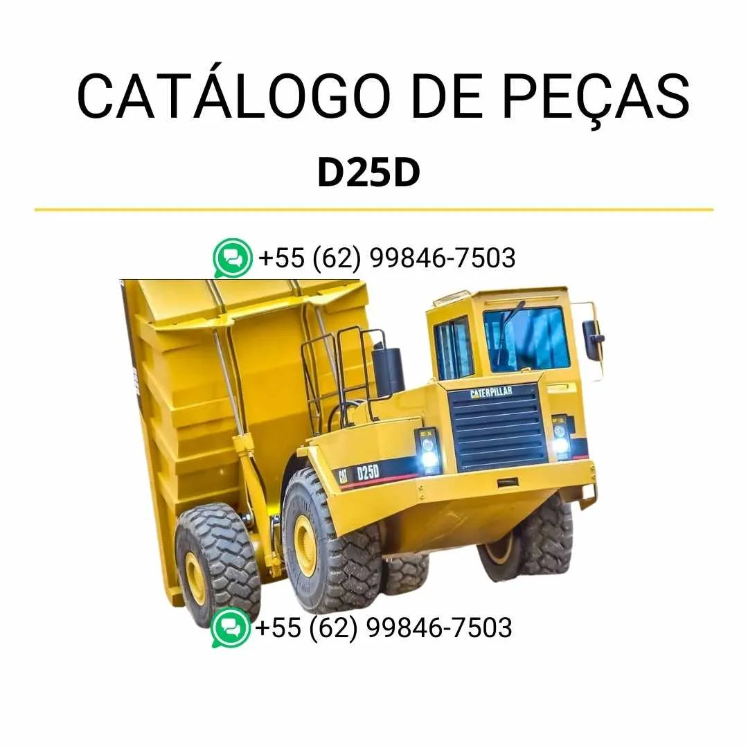 Catálogo de peças Caterpillar D25D em PDF com diagramas detalhados e lista completa de componentes originais do caminhão articulado.
