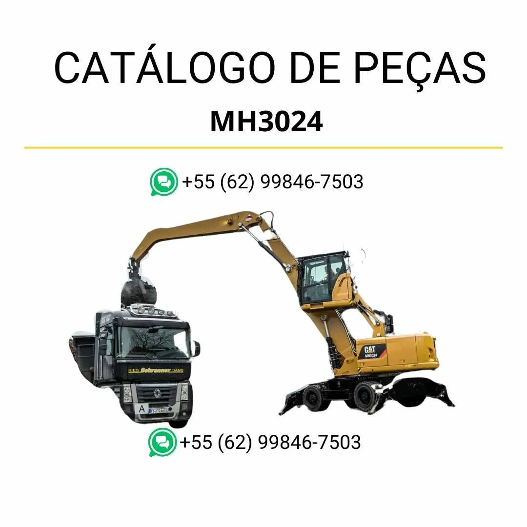 Catálogo de peças Caterpillar MH3024 material handler em PDF com ilustrações detalhadas, diagramas técnicos e lista completa de componentes originais.