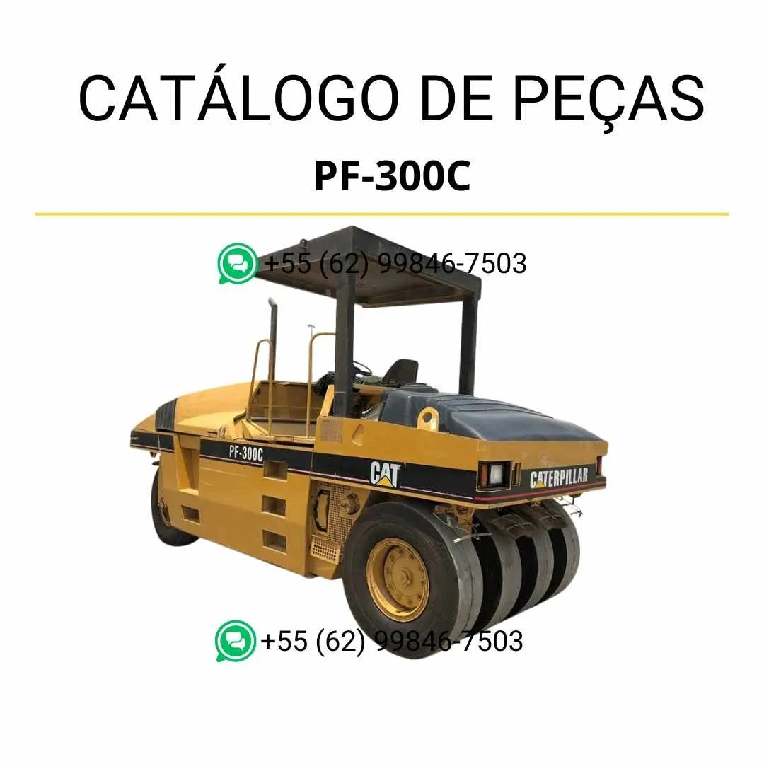 Catálogo de peças Caterpillar PF-300C em PDF com ilustrações técnicas detalhadas do rolo compactador pneumático.