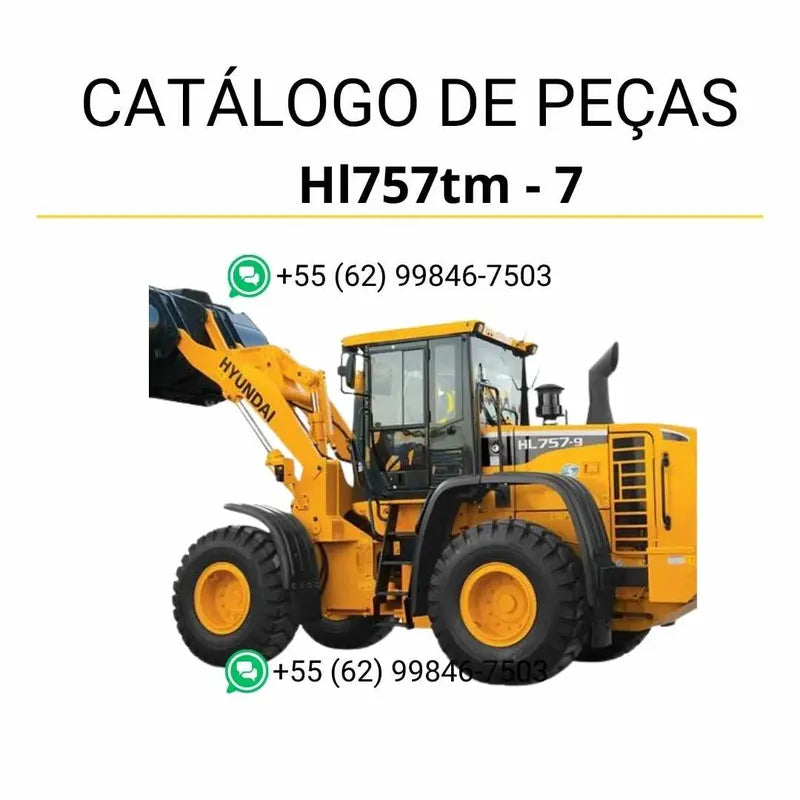 Catálogo de peças da pá carregadeira Hyundai HL757TM-7 em inglês, PDF ilustrado com diagramas técnicos e lista detalhada de componentes originais.