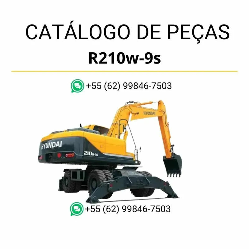 Catálogo de peças da escavadeira Hyundai R210W-9S em PDF, com vistas explodidas detalhadas e lista completa de componentes originais.
