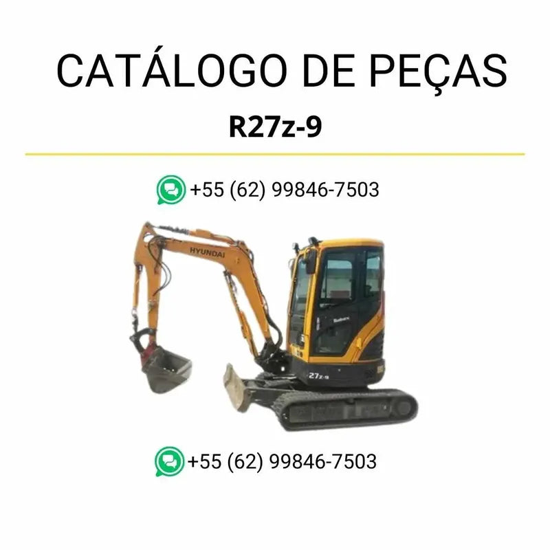 Catálogo de peças Hyundai R27Z-9 em PDF no idioma inglês, com diagramas técnicos precisos e identificação detalhada dos componentes da mini escavadeira.