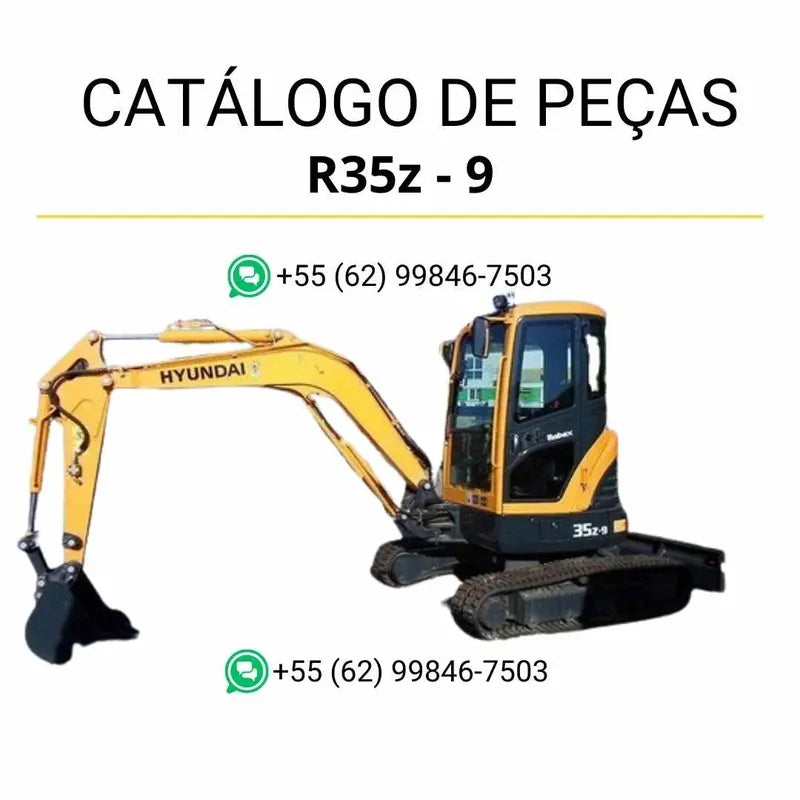 Catálogo de peças Hyundai R35Z-9 em inglês, com diagramas técnicos detalhados, ilustrações completas e lista de componentes originais em formato PDF.