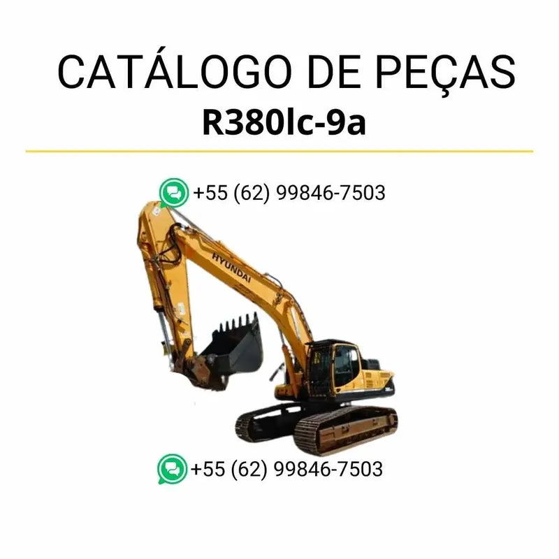 Catálogo de peças Hyundai R380LC-9A em inglês, PDF técnico detalhado com diagramas, vistas explodidas e lista completa de componentes originais.