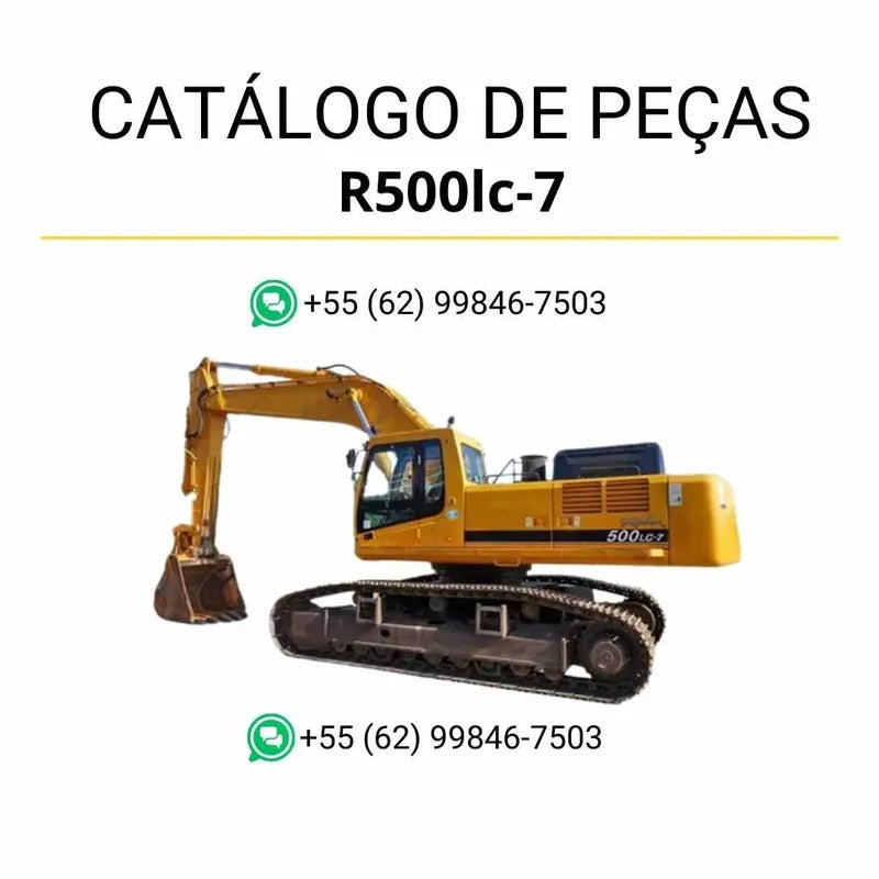 Catálogo de peças Hyundai R500LC-7 em PDF com ilustrações detalhadas e identificação precisa de componentes mecânicos.