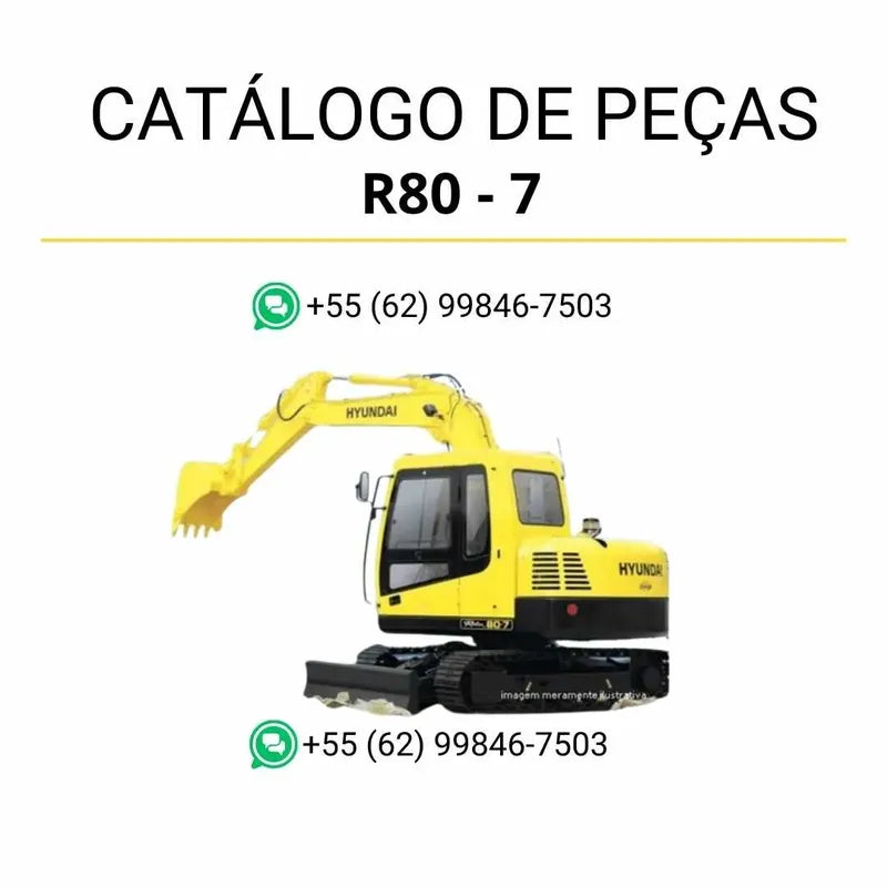 Catálogo de peças Hyundai R80-7 em inglês, com diagramas técnicos completos, ilustrações detalhadas e lista de componentes originais em formato PDF.