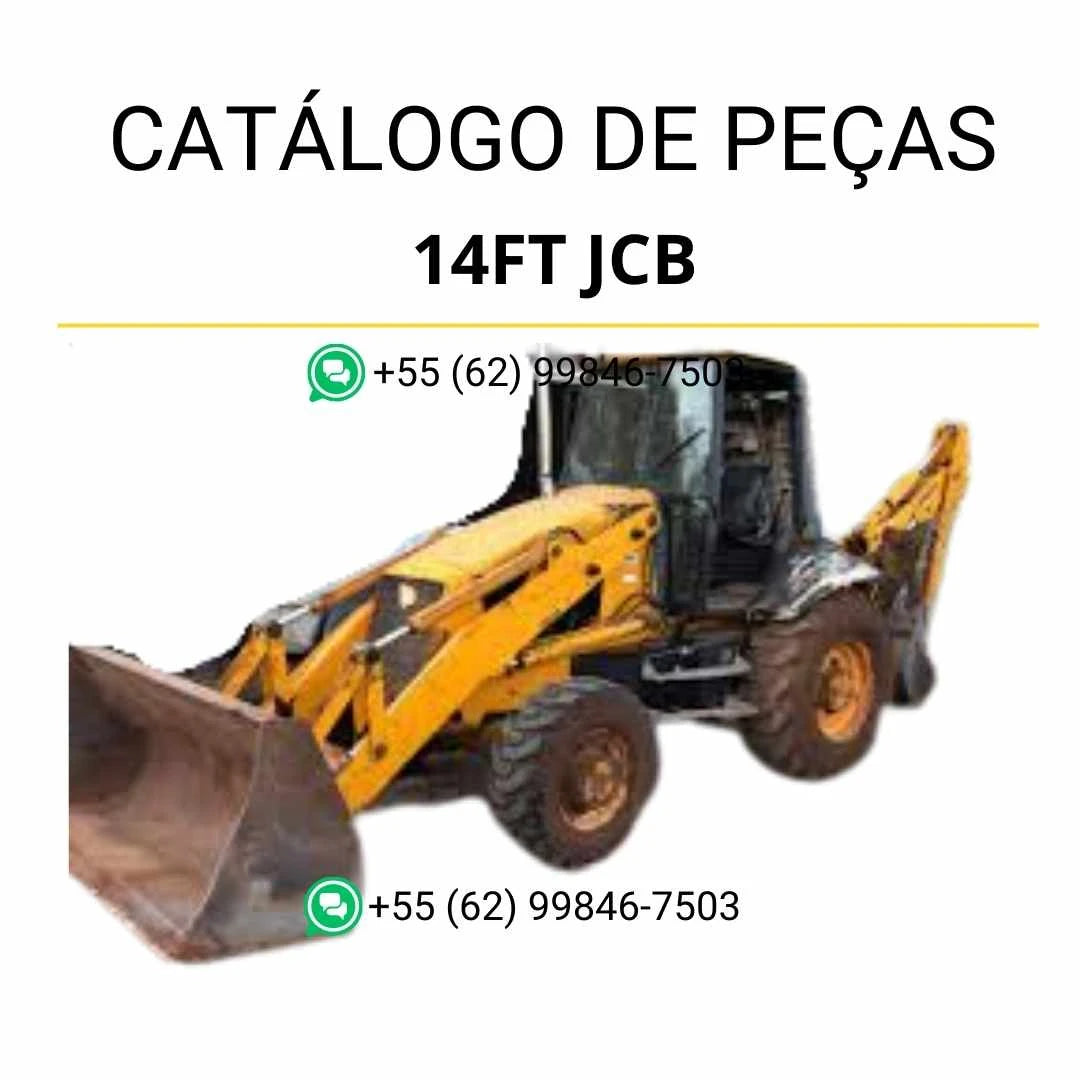 Catálogo de peças JCB 214E e 3C 14FT em PDF, com vistas explodidas e identificação técnica completa da retroescavadeira.