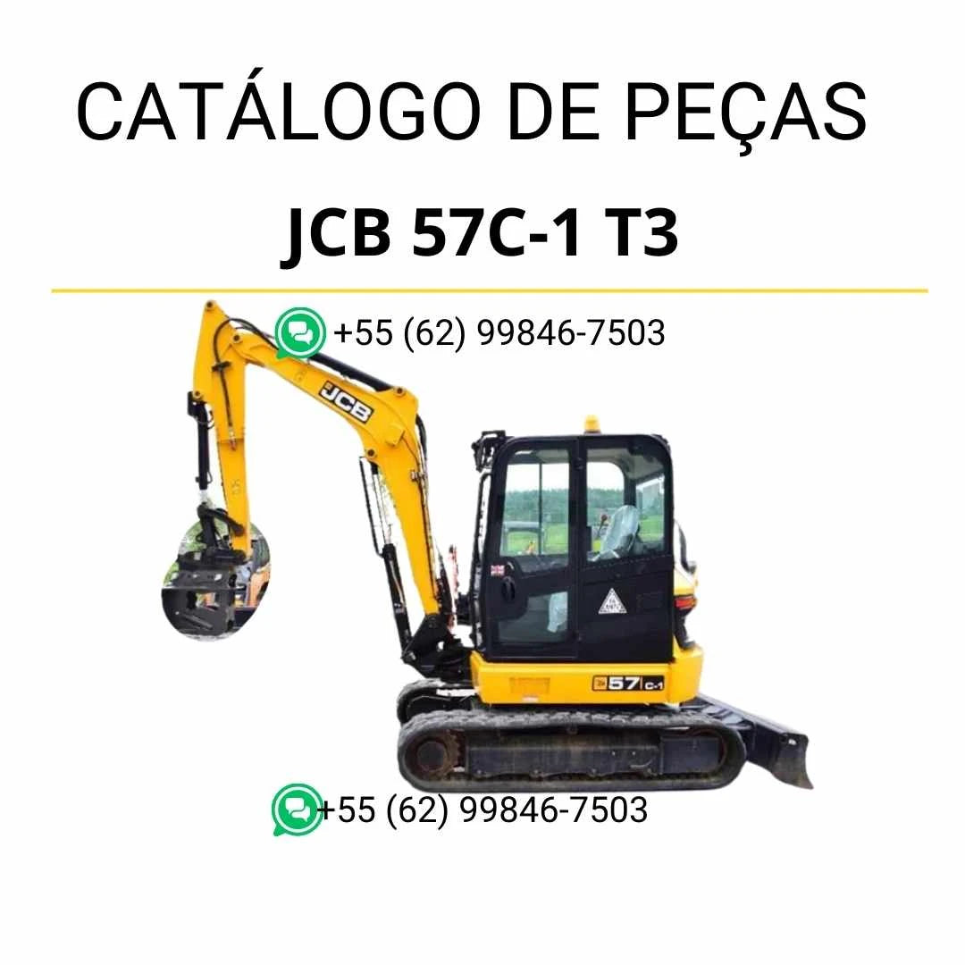 Catálogo de peças JCB 57C-1 T3 em PDF, com diagramas detalhados e identificação completa dos componentes da mini escavadora.