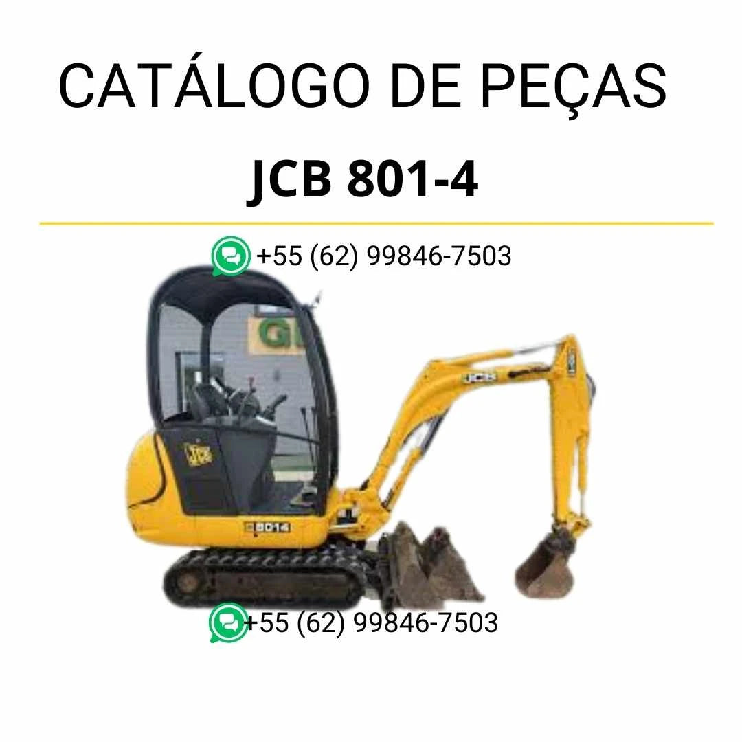 Catálogo de peças JCB 801-4 em PDF, com ilustrações técnicas e identificação detalhada dos componentes da mini escavadora.