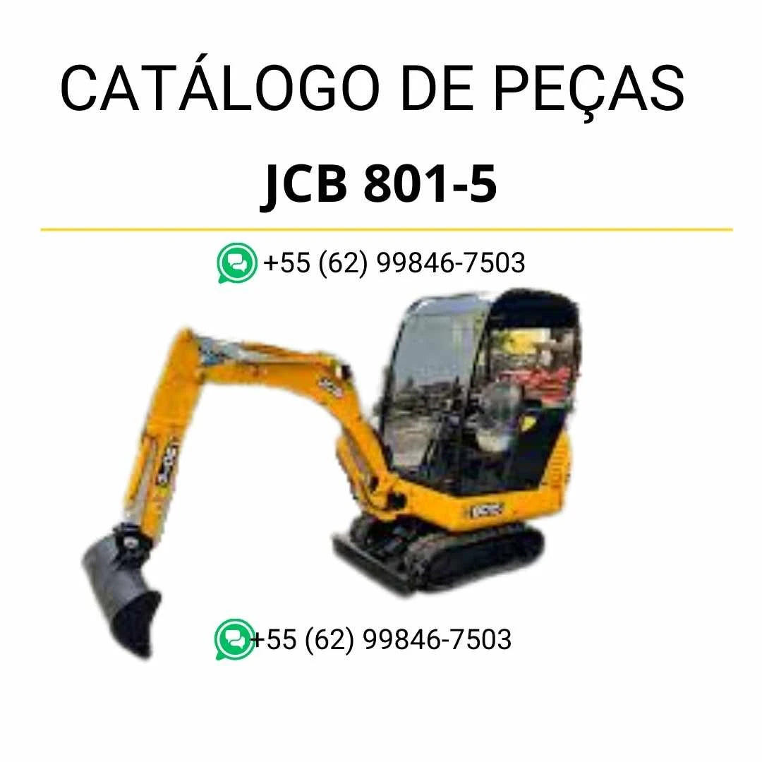 Catálogo de peças JCB 801-5 em PDF, com diagramas técnicos e identificação detalhada dos componentes da mini escavadora.