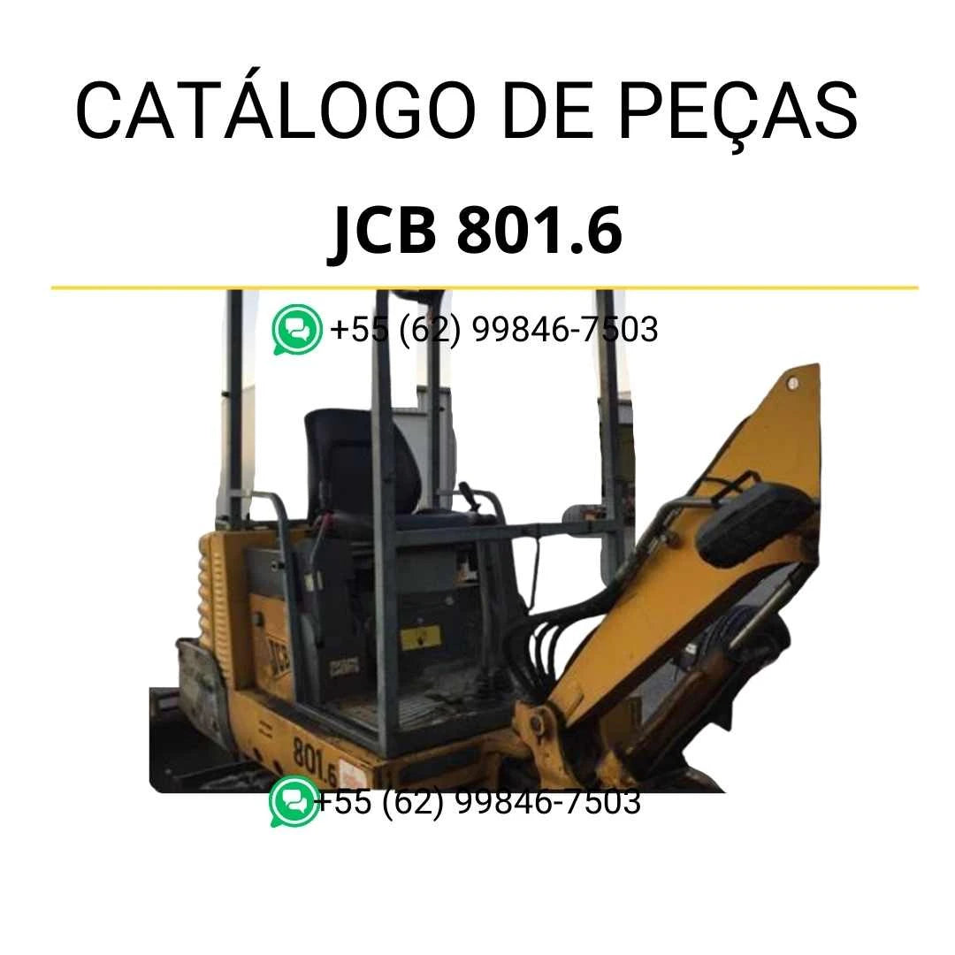 Catálogo de peças JCB 801.6 em PDF, com ilustrações técnicas precisas e identificação completa dos conjuntos da mini escavadora.