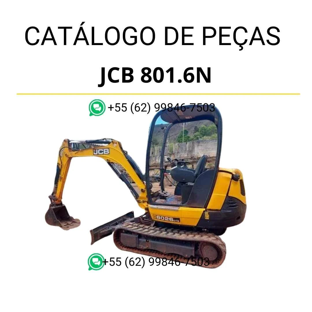 Catálogo de peças JCB 801.6N em PDF, com diagramas técnicos e identificação detalhada dos componentes da mini escavadora.