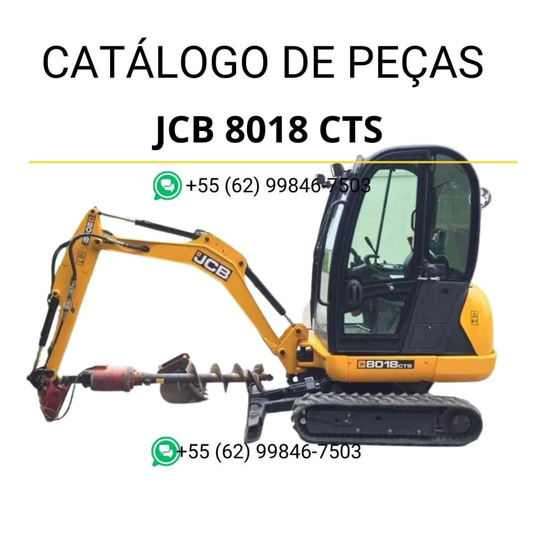 Catálogo de peças JCB 8018 CTS em PDF com ilustrações técnicas e identificação completa dos conjuntos da mini escavadora.