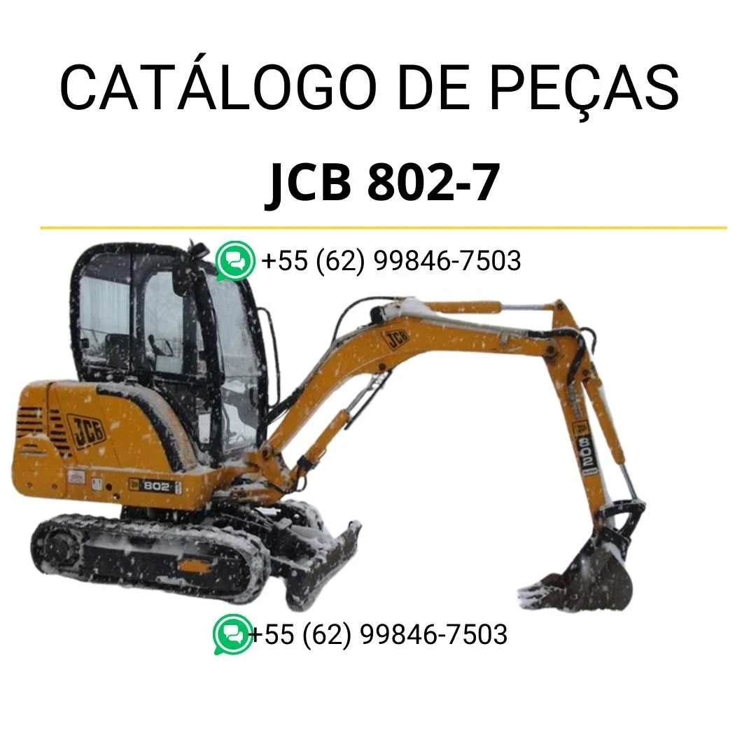 Catálogo de peças JCB 802-7 em PDF, com diagramas técnicos detalhados e identificação completa dos componentes da mini escavadora.