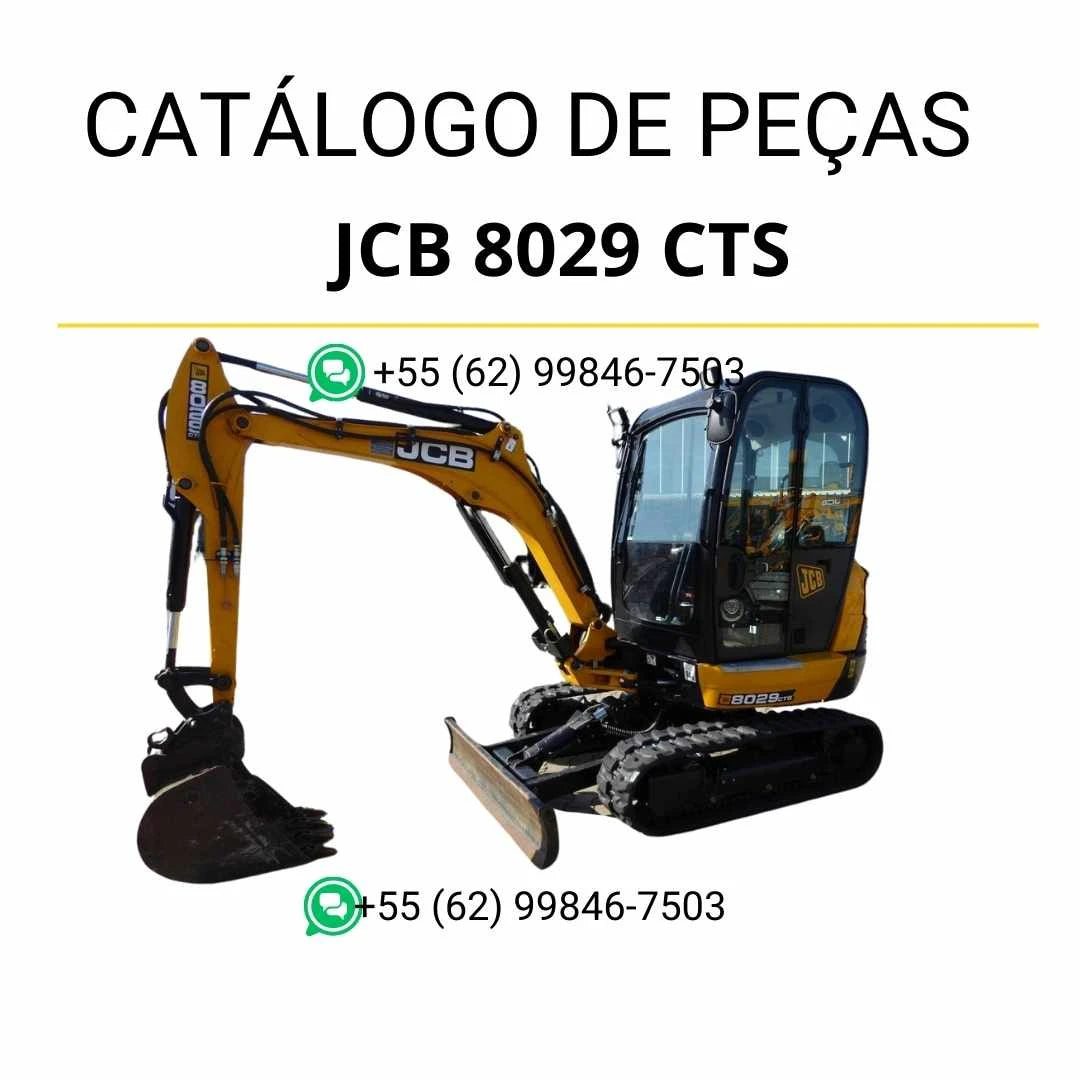 Catálogo de peças JCB 8029 CTS em PDF, com diagramas completos e identificação detalhada dos componentes da mini escavadora.