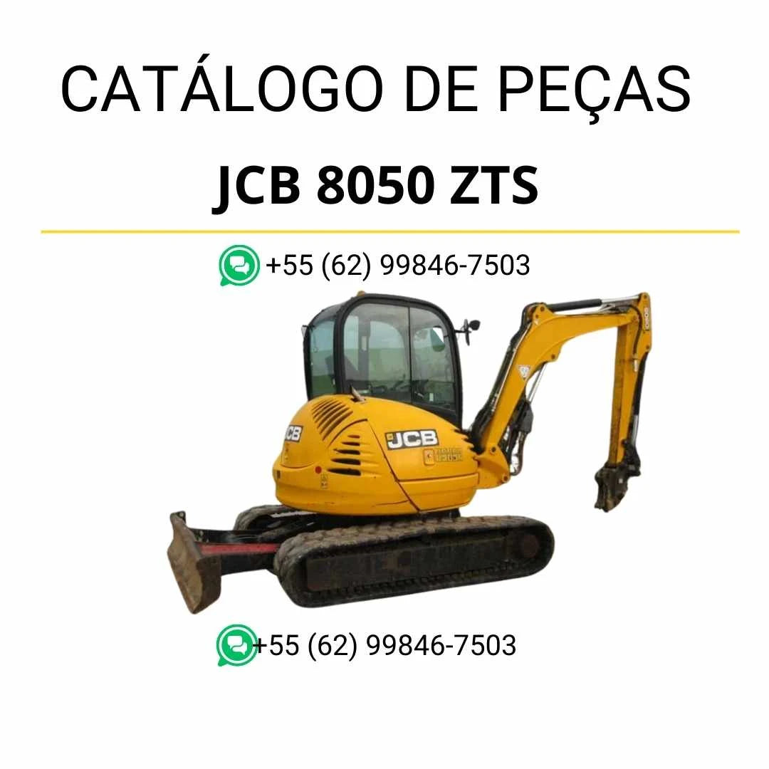 Catálogo de peças JCB 8050 ZTS em PDF, com ilustrações técnicas detalhadas e identificação completa dos componentes da mini escavadora.