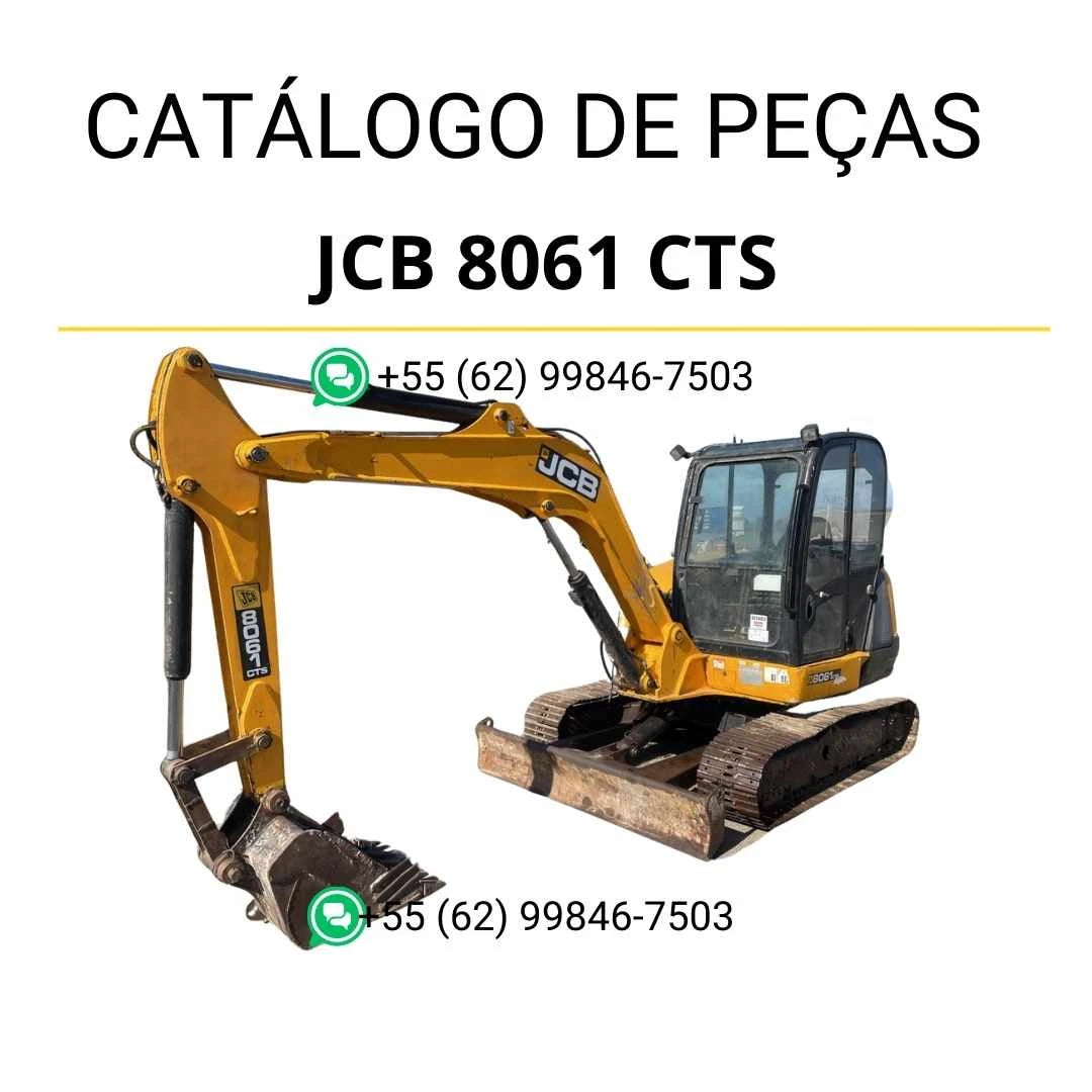 Catálogo de peças JCB 8061 CTS em PDF, com diagramas completos e identificação técnica detalhada dos componentes da mini escavadora.