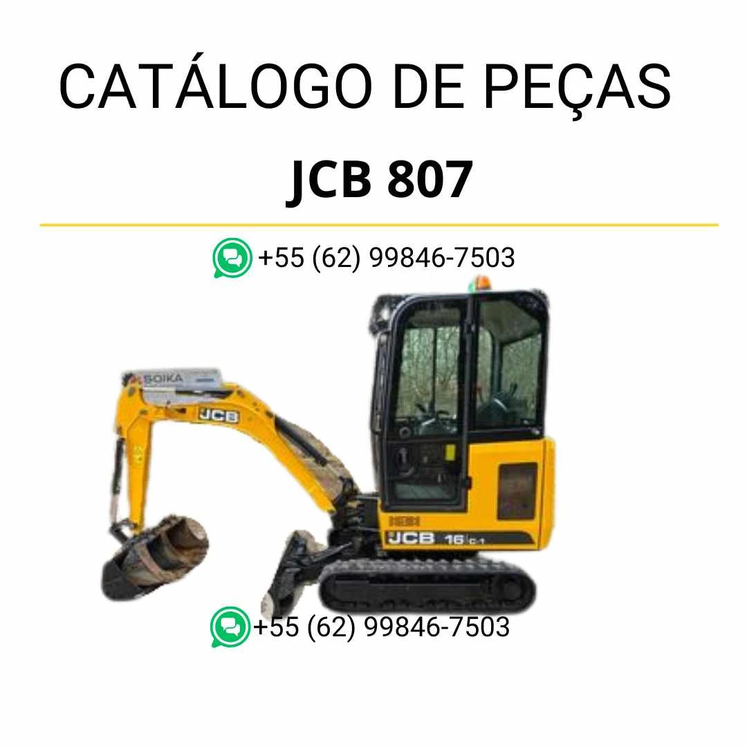 Catálogo de peças JCB 807 em PDF com vistas técnicas, detalhes de montagem e identificação completa das mini escavadoras de rastos.