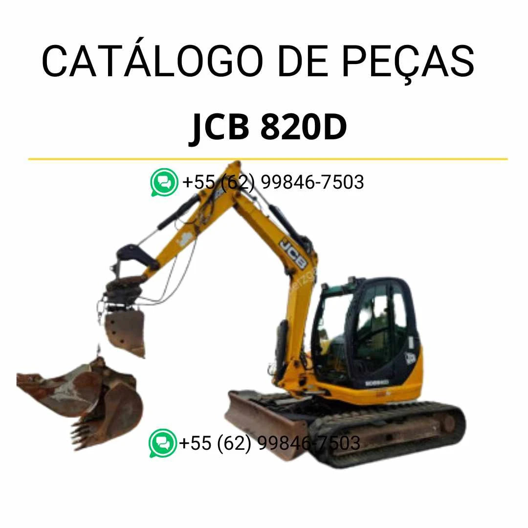 Catálogo de peças JCB 820D em PDF com diagramas técnicos, identificação precisa de componentes e detalhes das mini escavadoras de rastos.