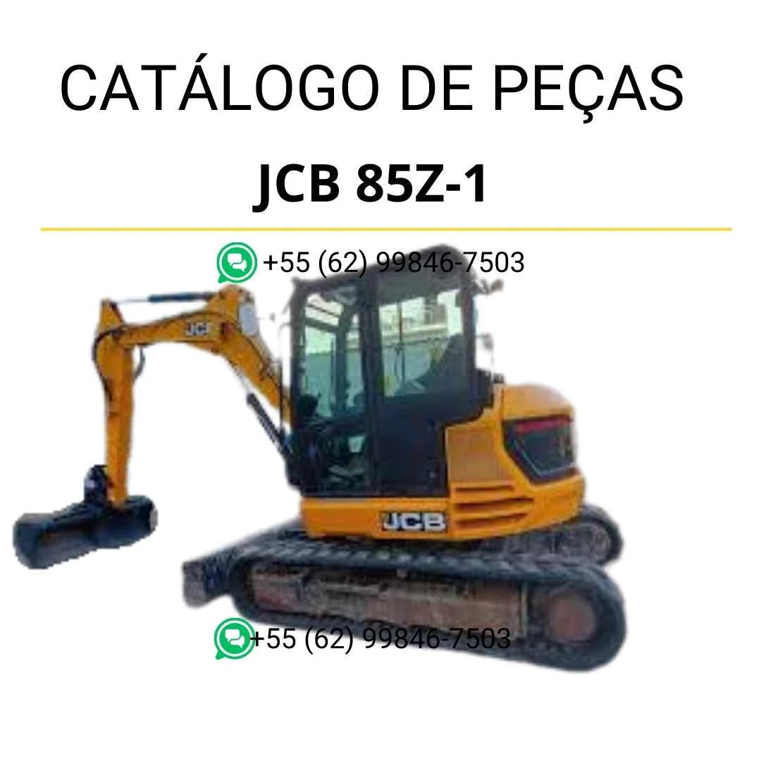 Catálogo de peças JCB 85Z-1 em PDF, com ilustrações técnicas detalhadas e identificação precisa dos conjuntos da mini escavadora.