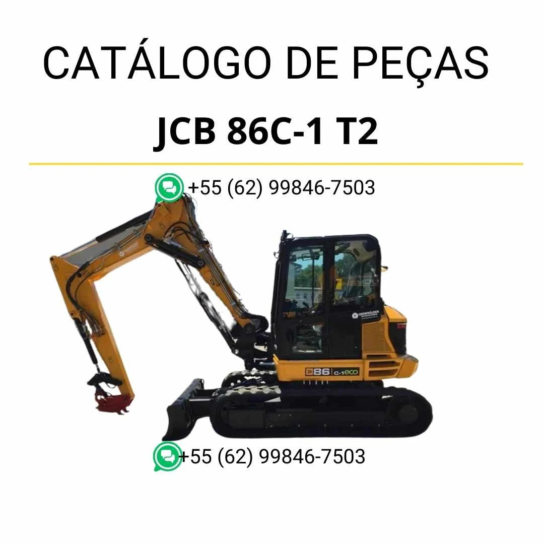 Catálogo de peças JCB 86C-1 T2 em PDF, com diagramas técnicos completos e identificação detalhada dos componentes da mini escavadora.