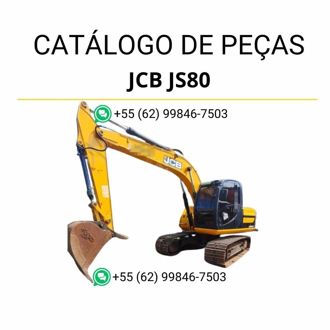 Catálogo de peças JCB JS80 em PDF para escavadeira, com ilustrações técnicas detalhadas e identificação completa dos componentes originais