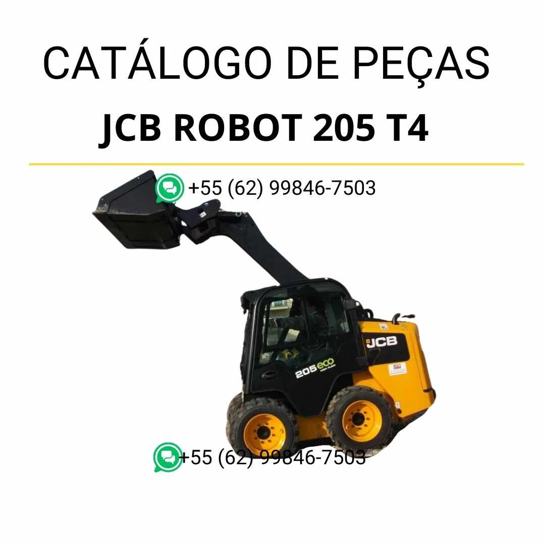 Catálogo de peças JCB Robot 205 T4 em PDF, com diagramas completos, vistas técnicas e identificação detalhada dos componentes da skid steer loader.