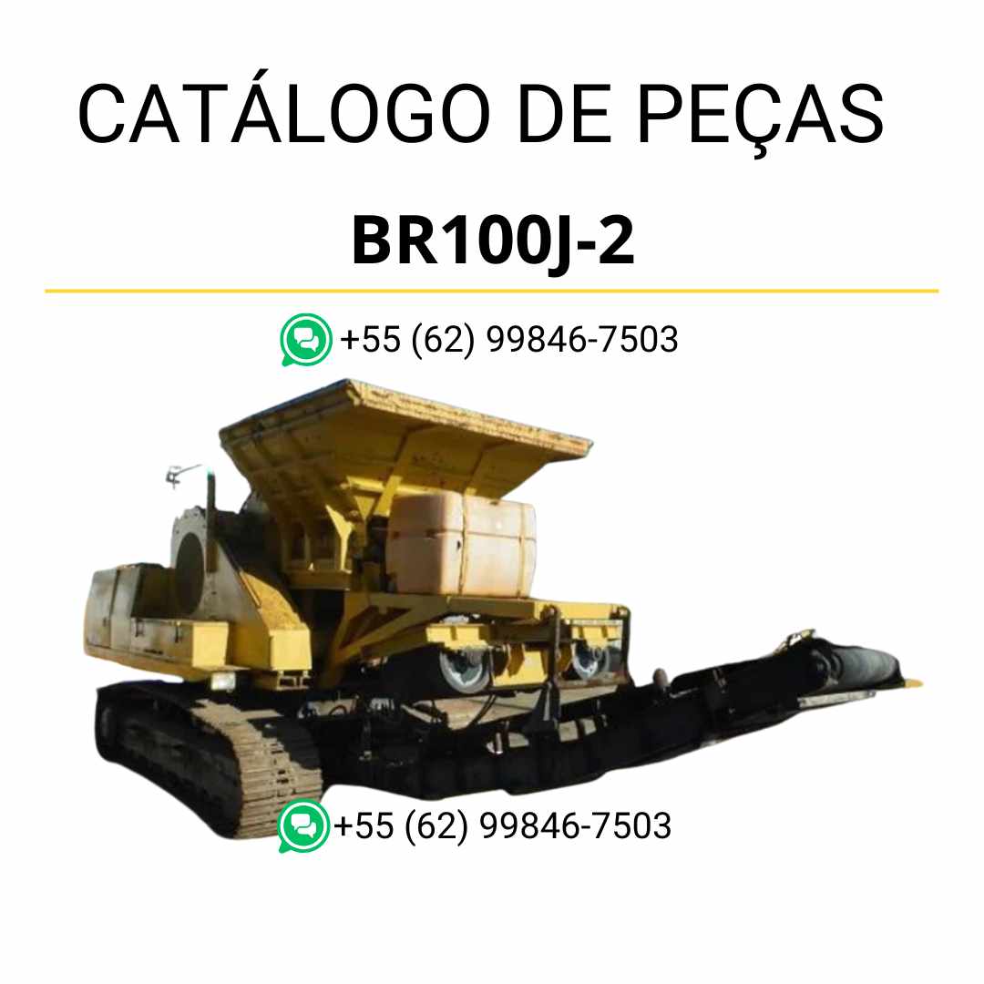Catálogo de peças Komatsu BR100J-2 em PDF, com ilustrações técnicas e identificação detalhada dos componentes do triturador e reciclador.