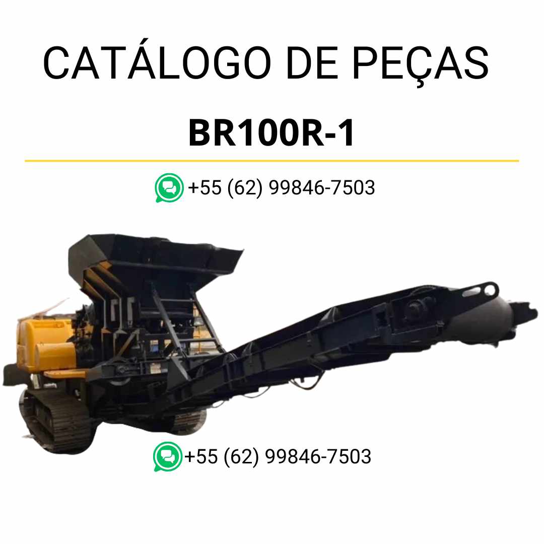 Catálogo de peças Komatsu BR100R-1 em PDF, com ilustrações técnicas e identificação organizada dos componentes do triturador e reciclador.