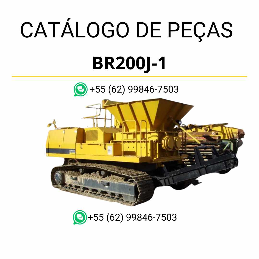 Catálogo de peças Komatsu BR200J-1 em PDF, com ilustrações técnicas e identificação completa dos componentes do triturador e reciclador.