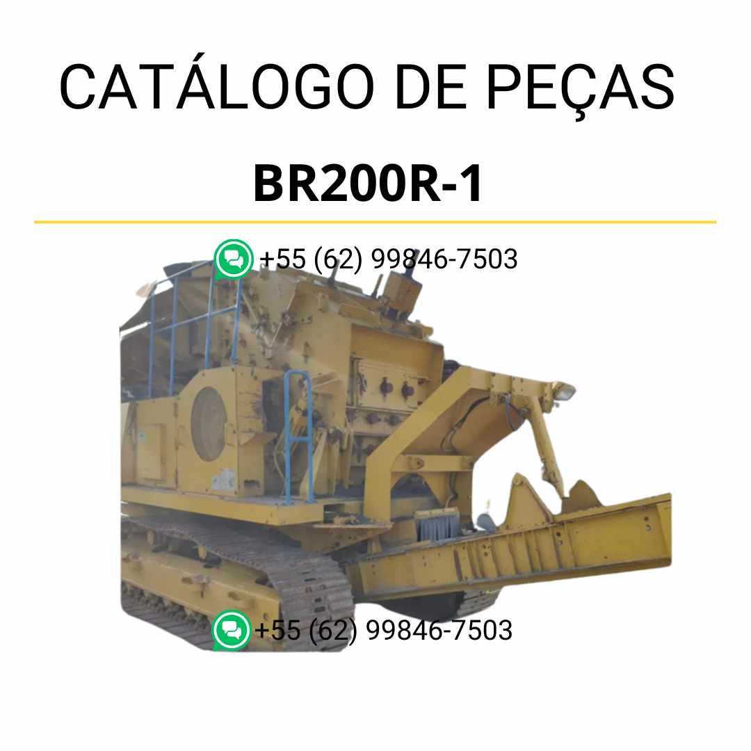 Catálogo de peças Komatsu BR200R-1 em PDF, com ilustrações técnicas e identificação detalhada dos componentes do triturador e reciclador.